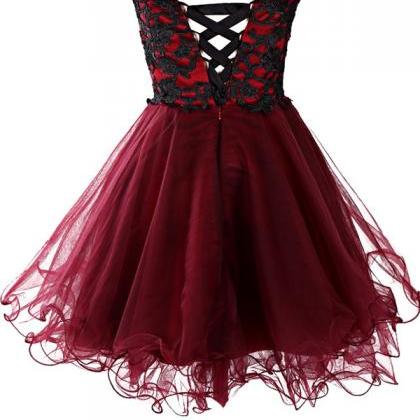 Burgundy Short Tulle Homecoming Dress Featuring..